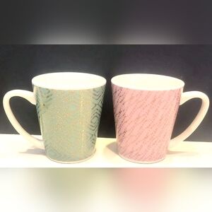 DesignPac Pair of Coordinating 10 Oz Ceramic Mugs Pink & Green Gold Patterns